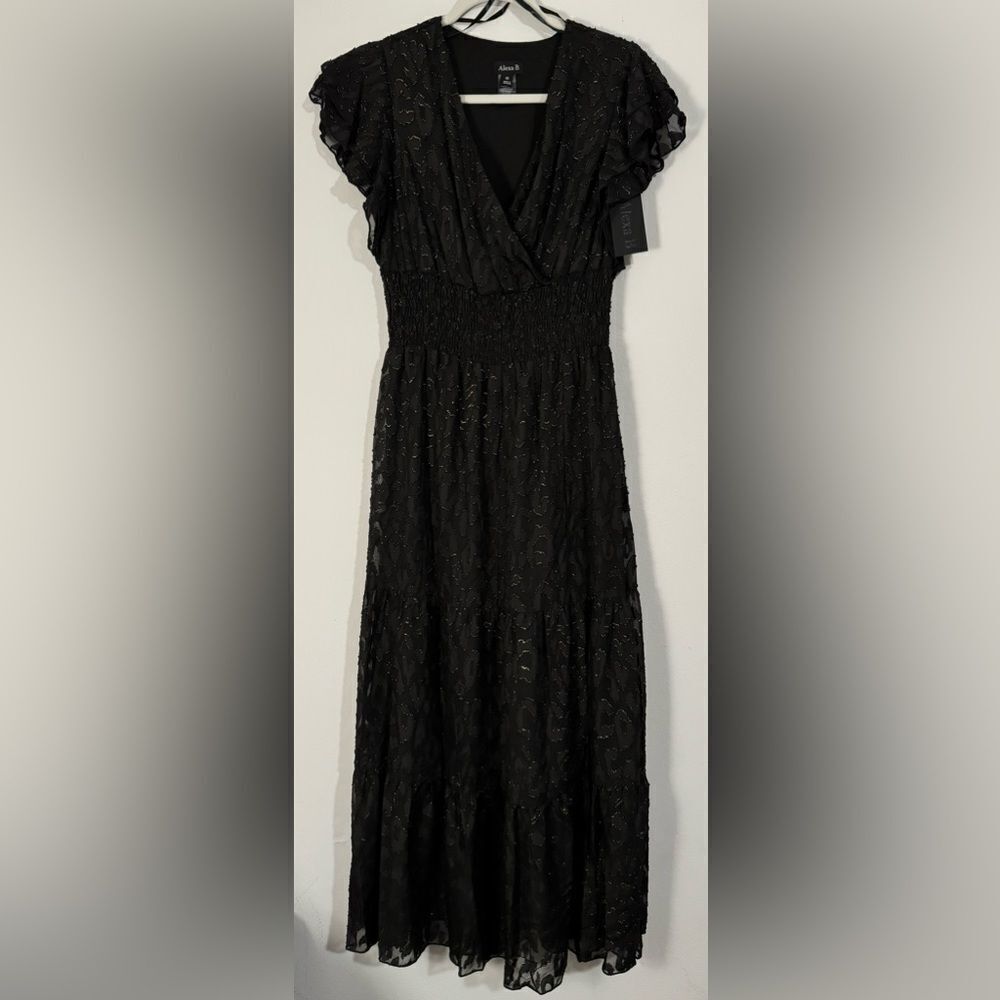 NWT Alexa B Metallic Gold Textured Animal Print Ruffle V-Neck Maxi Dress 10